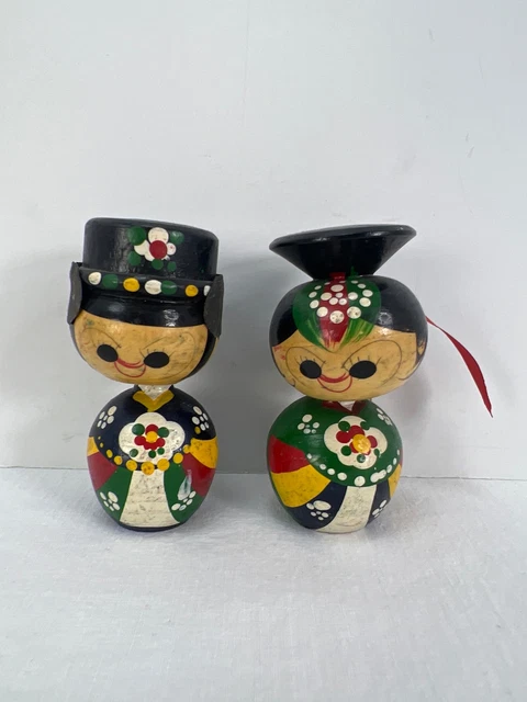 Vintage Korean Kokeshi Wedding Bride Groom Bobble Nodding Doll 3"