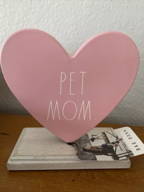 Rae Dunn Pink Metal  HEART on Wood Base "PET MOM" - 6" x 6" NWT