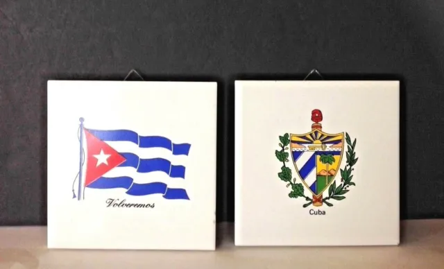 Pair Vintage "Cuba Flag" & "Coat of Arms" Hand-Painted Decorative Ceramic Tiles