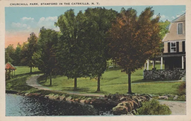 Churchill Park Stamford On The Catskills New York Vintage White Border Post Card