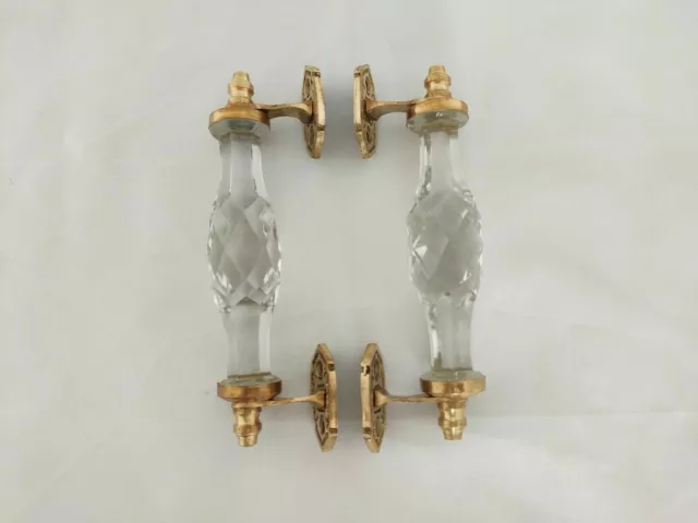 Pair Vintage Look Brass Clear Victorian Cut Glass Pull Push Door Drawer Handle 2 3