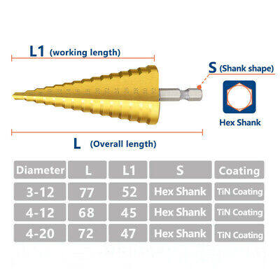 3Pcs Drill Bit Set Titanium Nitride Coated Steel Step Quick Change 1/4 Shank HSS 2