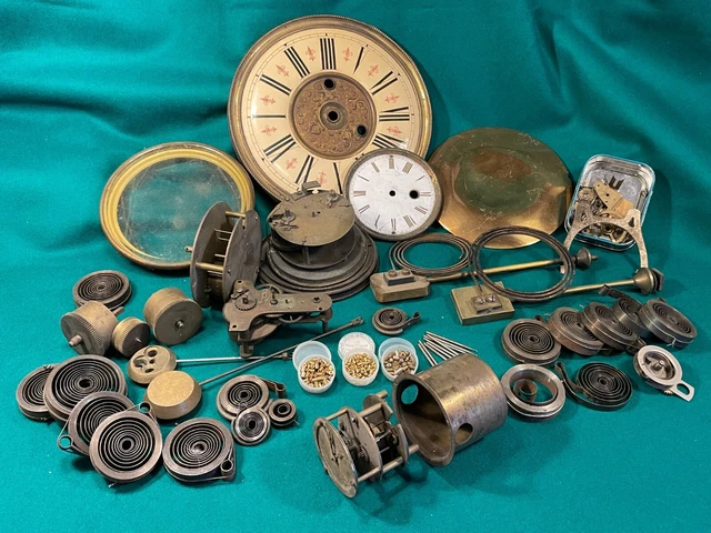 Vintage & Antique Job Lot of  Clock Movement Parts incl Bouchons & Mains Springs