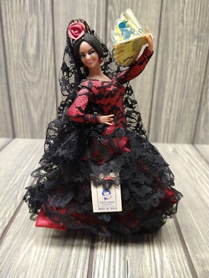 Vtg Marin Chiclana Flamenco Dancer Doll Cancionera Red Dress Black Lace Spanish