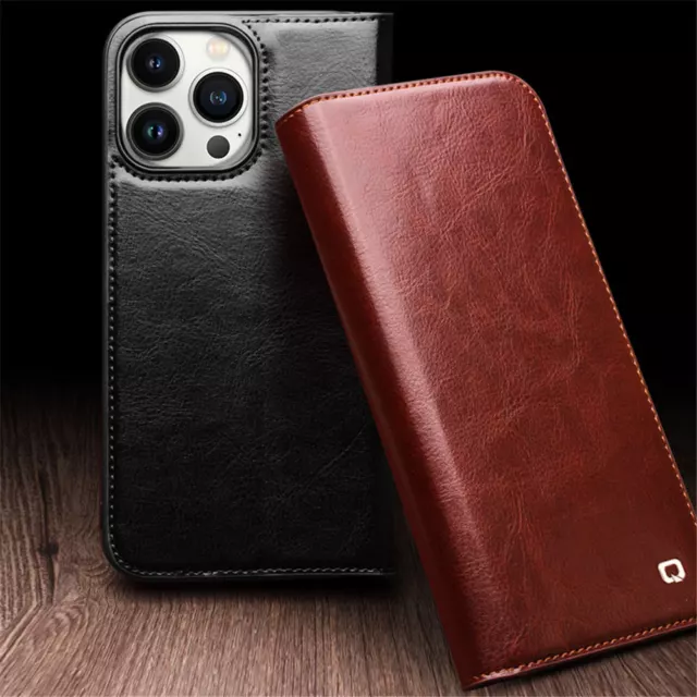 Genuine Cowhide Leather Flip Wallet Case fr iPhone 14 15 Pro Max Card Slot Cover