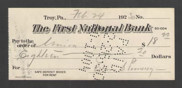 1930 The First National Bank Troy Pa Used Antique Check