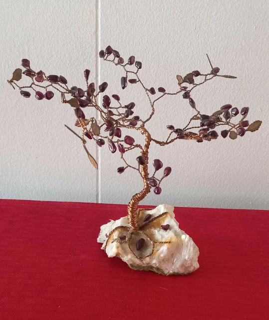 Bonsai Tree Figurine Copper or Brass Leaf and Wire Garnet Stones
