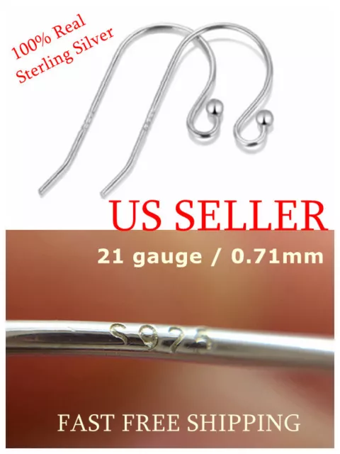 1) Pair Solid Sterling Silver 925 Earring Hooks French Wire 2pc DIY Findings US