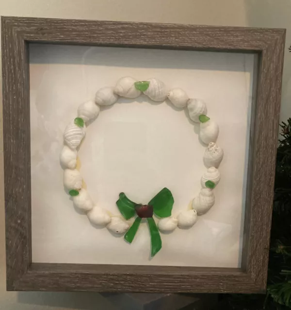 White Sea Shell Wreath with Sea Glass New England Sea Glass Handmade Great Gift!