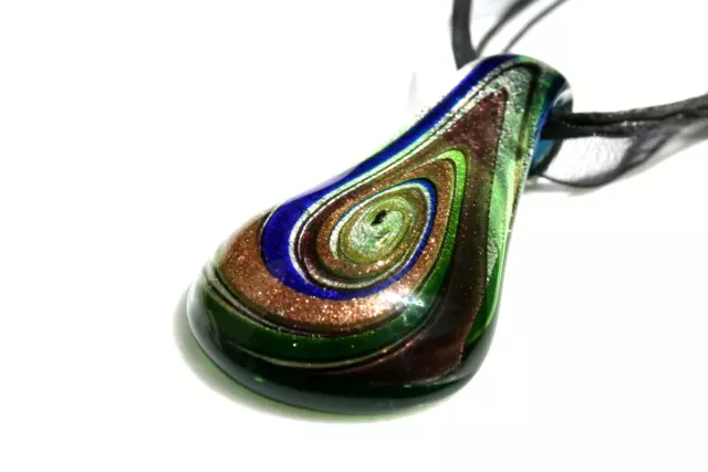 Gold Blue Green Murano Style Glass Tear Drop Pendant Cord Ribbon Necklace
