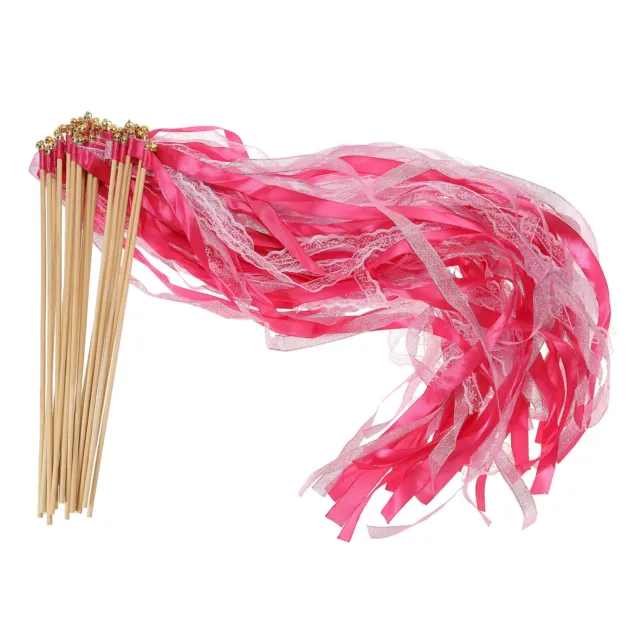 25Pcs Lace Silk Ribbon Fairy Sticks Wands for Wedding Party, Fuchsia