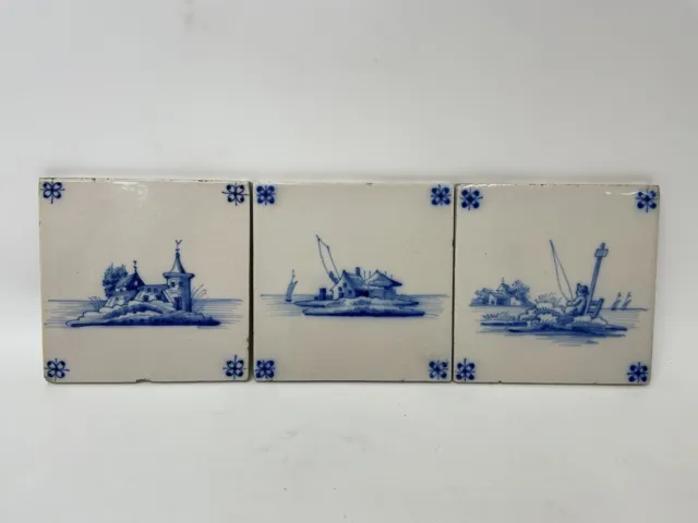 3 x Vintage Dutch delft blue and white tiles