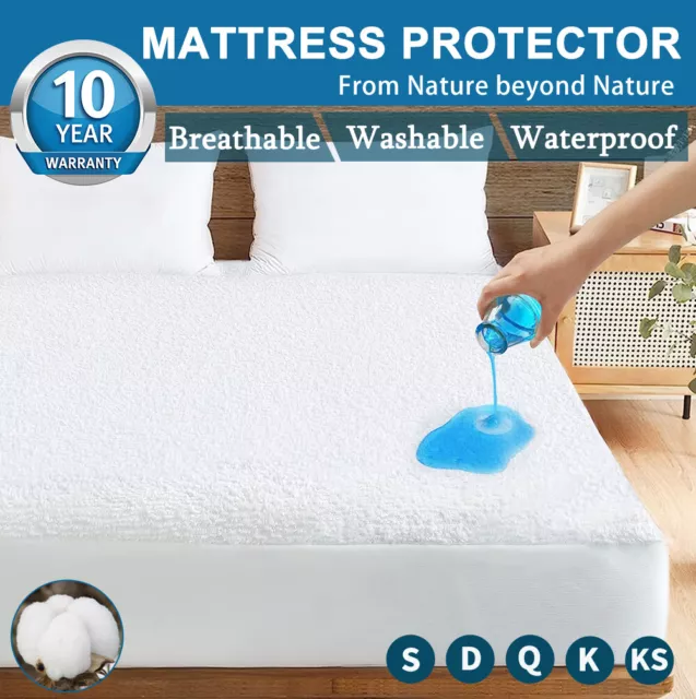 King Size Waterproof Mattress Protector Fully Fitted Terry Cotton Bed Soft Cover