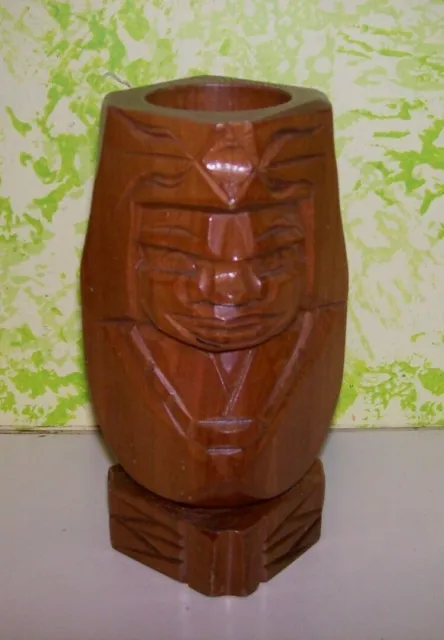 Hand Carved 2 Double Face Wooden Mug Vase Trinket Pen/Pencil Holder Tiki