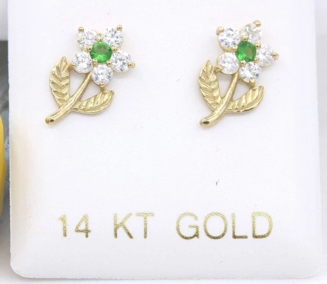 Fiore Verde Bambino Orecchini " REAL 14K " Oro Giallo 10MM Protettivo Posteriori