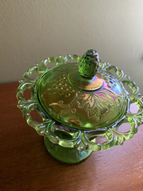 Vintage Indiana Green Carnival Glass Candy Dish with Lid Harvest Grape