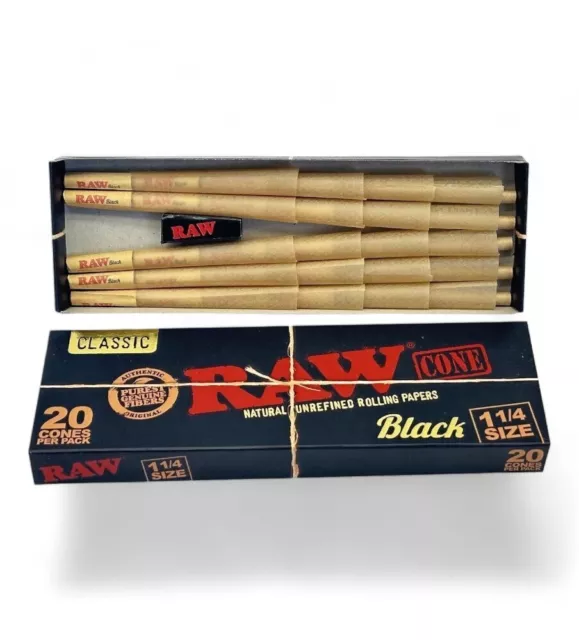 Raw Black Ultra Fine Natural Unrefined 1 1/4 Pre Rolled Paper Cones 20 Pack Cone