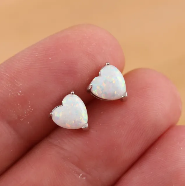 Solid 925 Sterling Silver White Opal Love Heart Shaped Stud Earrings Gift Boxed