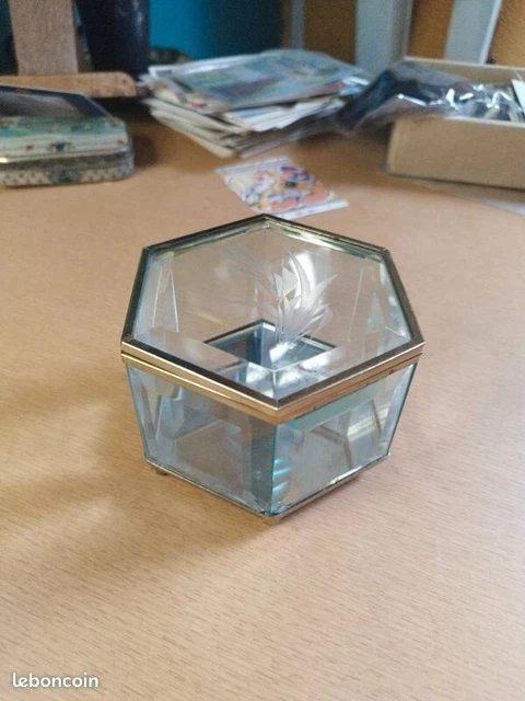 Ancienne Boîte à Bijoux En Laiton à Facettes - Verre Biseauté Décor Phare Du Havre - Occasion
