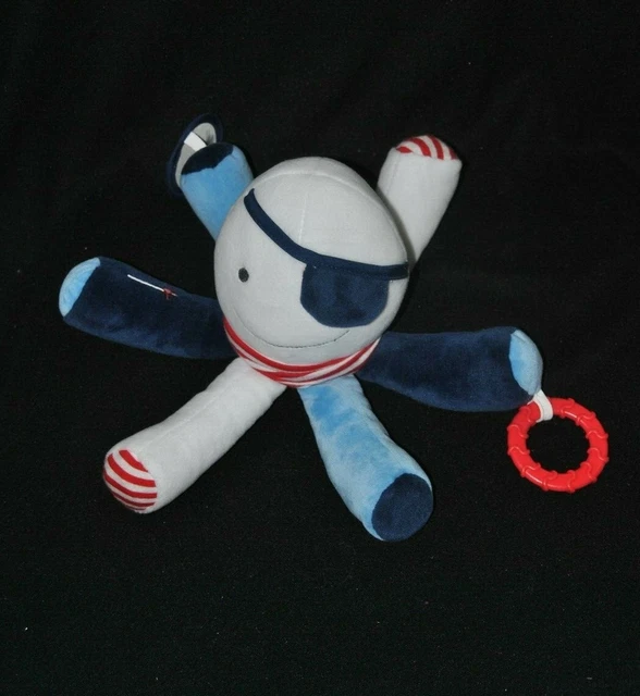 Peluche doudou pieuvre pirate OBAIBI OKAIDI blanc bleu rouge grelot 14 cm TTBE
