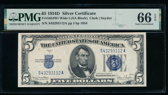 AC 1934D $5 Silver Certificate Wide I PMG 66 EPQ S-A block Fr 1654W !!!