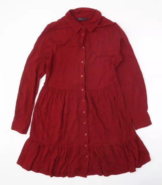 Marks and Spencer Womens Red Viscose Shirt Dress Size 6 Collared Button