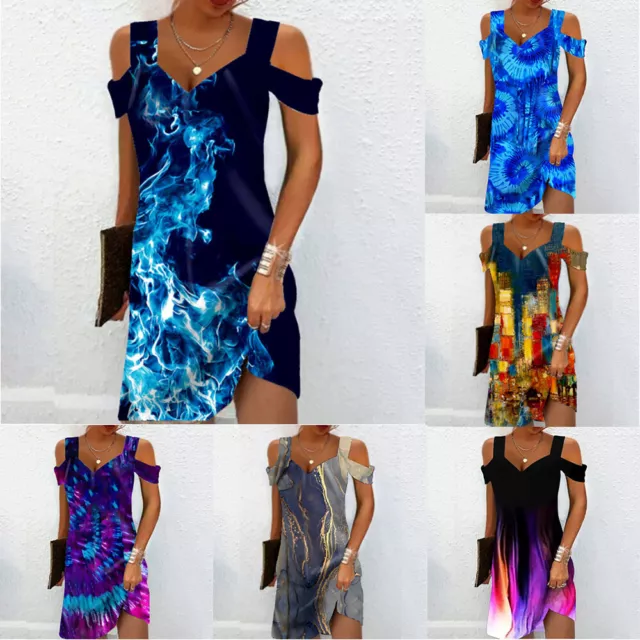 Womens Cold Shoulder V Neck Print Dress Ladies Summer Boho Sundress Plus AU