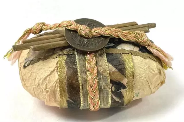 Feng Shui Papier Mache Covered Stone With Chinese Bronze Coin On Top