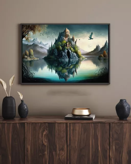 Fantasy Lake With House Painting Wall Art poster Choose your Size