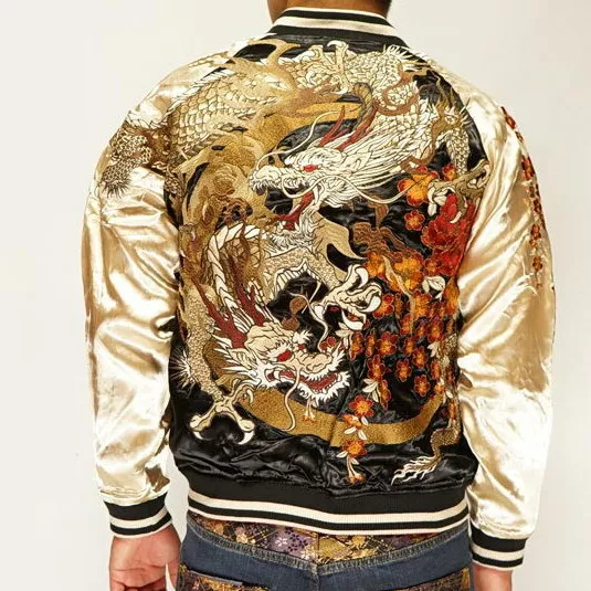 Mens SUKAJAN Souvenir Jacket Japanese Pattern Embroidery REVERSIBLE Dragon Loong