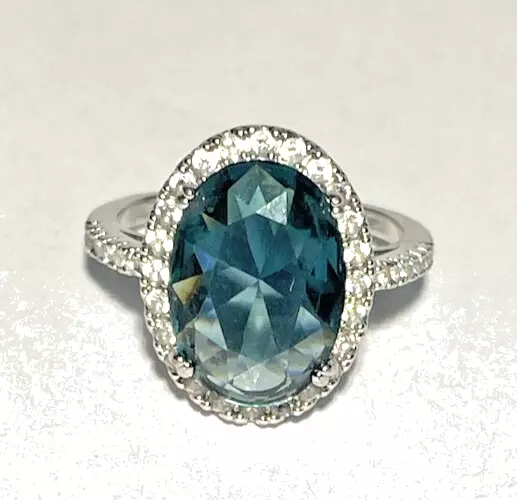 Natural Blue Tourmaline Gemstone and Diamonds Sterling Silver Ring Size 7.75"