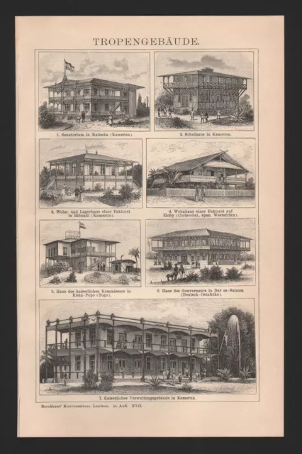 Lithografie 1897: Tropengebäude. Gebäude Architektur in Malimba Kamerun