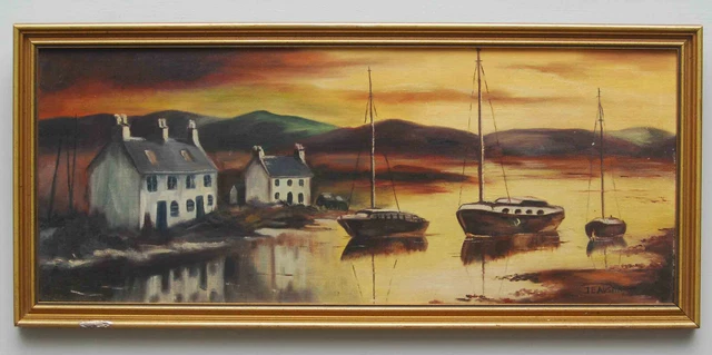 Vintage European Oil Board Painting Boats Nautical Harbor Signed J E Austin