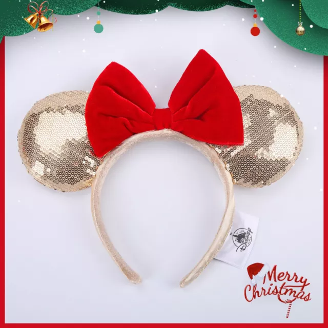 Disney Parks Gold Red Bow Minnie Mouse Sequins Headband Christmas Gift Ears US