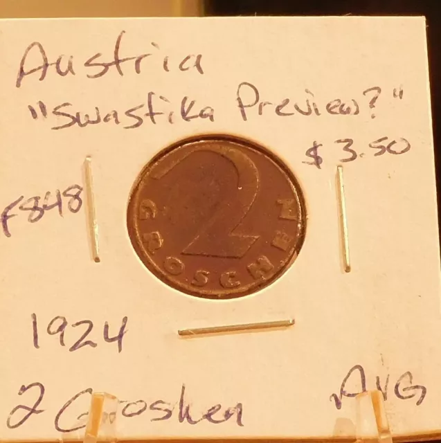 Austria 1926 2 Groschen Coin - Preview of the Swastika? KM # 2837