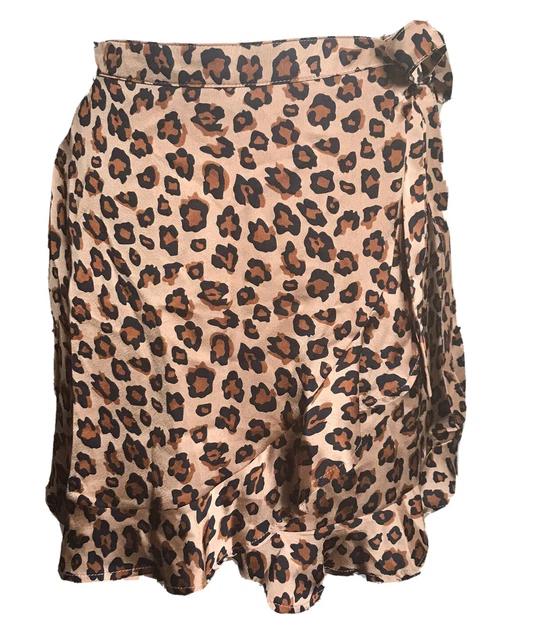 Boohoo Leopard Print Satin Wrap Mini Skirt Frill Hem Beach Festival Size 8