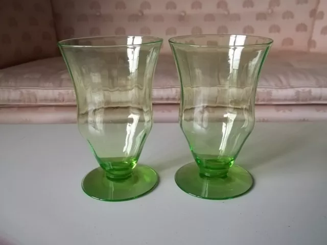 Vtg 2 GREEN VASELINE Depression Optic Verticle WATER GLASSES 8 oz. 4 7/8"