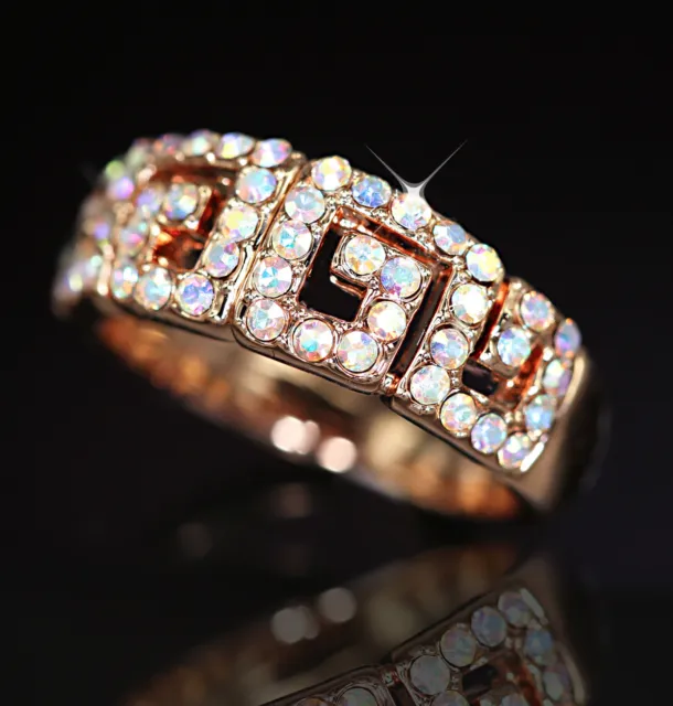 18K Rose Gold Gf Filigree Infinity Rainbow Crystal Lady Girls Wedding Band Ring