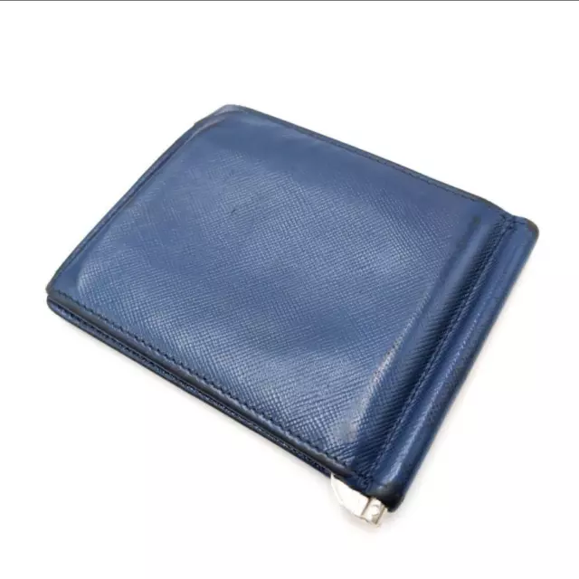 PRADA Saffiano Leather Blue Money Bill Clip Wallet Metal Logo Card Case Purse 2