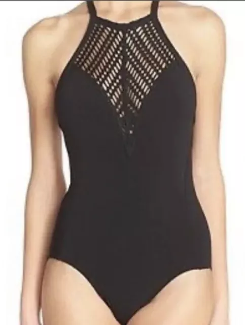 New Robin Piccone 'Sophia' Crochet Neck One-Piece Swimsuit  Size 10 Black