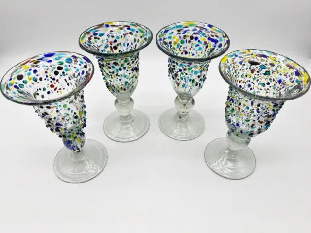 Set/4 Hand Blown Mexican Art Glass Confetti Pebbles 7" Goblets