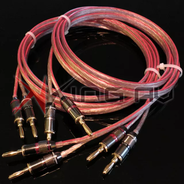 2 x 3M PAIR 4MM OXYGEN FREE SPEAKER CABLES TERMINATED QUALITY GOLD BANANA PLUGS!