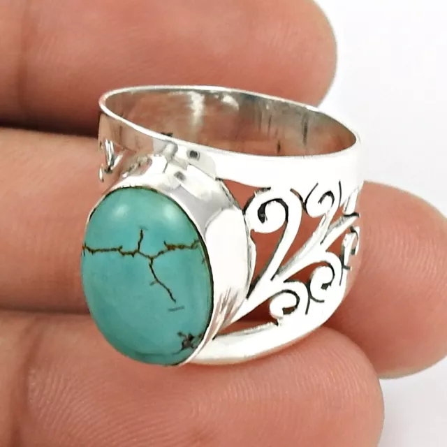 Natural Turquoise Gemstone Band Ring Size P 925 Sterling Silver For Women B21