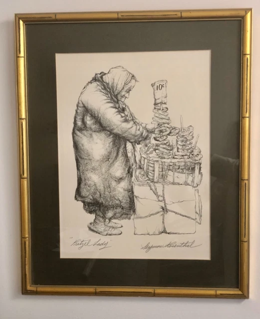Vintage Signed Seymour Rosenthal Print “Pretzel Lady" in Gold Bamboo Frame Vintage Signed Seymour Rosenthal Print “Pretzel Lady" in Gold Bamboo Frame