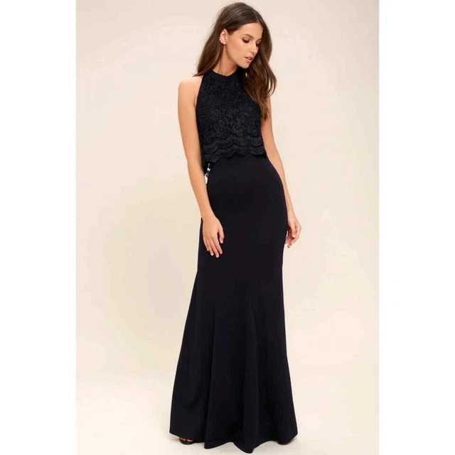 NWT Lulus Sociable Navy Blue Lace Halter Maxi Dress Event Gown Size M