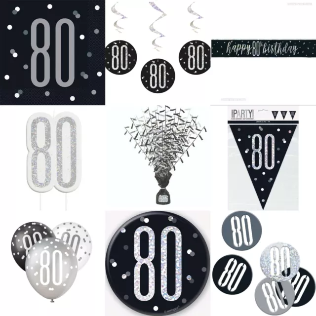 80th Glitz Black Happy Birthday,Banner,Bunting,Balloon,Confetti,Badge,Napkin