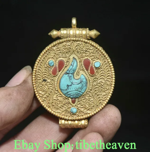2.4" Old Tibet Copper Gold Turquoise 8 Auspicious Flower Gawu Box Amulet Pendant