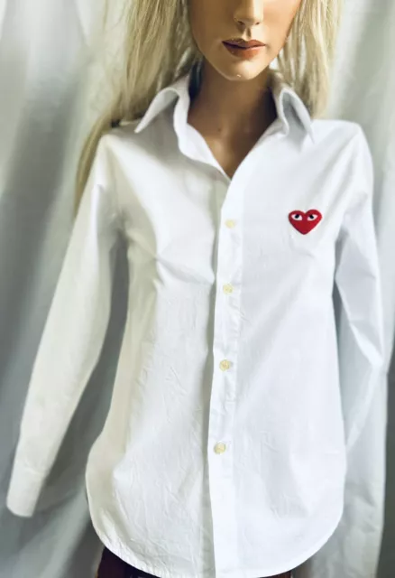 COMME DES GARCONS PLAY Button Down Crisp White Shirt Blouse Red Heart LOGO S EUC