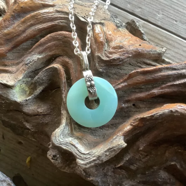 Natural Jade Donut Pendant, Sterling Silver Bale on Silver Plated Chain