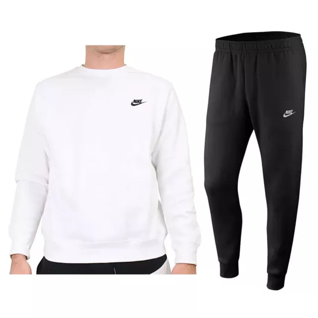 Tuta NIKE Uomo felpa pantalone sportivo felpato bianco nero ginnastica girocollo